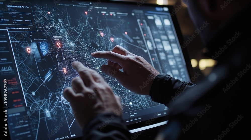 Poster a person interacts with a high-tech digital map on a large screen, analyzing data points.