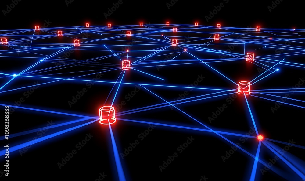 Poster a digital network visualization with interconnected nodes and glowing lines.