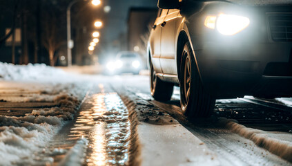 car driving on snowy street at night, urban winter driving, road safety in winter