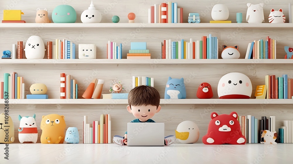 Poster Cheerful cartoon of a happy child studying online with a luminous laptop surrounded by colorful bookshelves in a warm wooden setting  Concept of remote learning education and technology