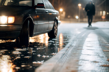 car on wet road with pedestrian in winter night, winter night driving, pedestrian safety, wet urban roads
