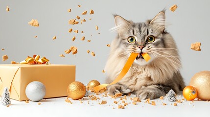 Playful Cat Surrounded by Holiday Decorations with a Gift Box and Shredded Wrapping Paper on a Light Background, Capturing the Spirit of Festivity and Fun
