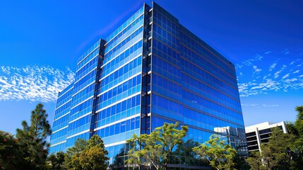 Fototapeta premium A tall glass office building with a reflective facade, set against a bright blue sky.