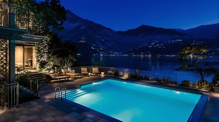 Luxurious Villa with Illuminated Pool by the Lake at Night. Generator AI