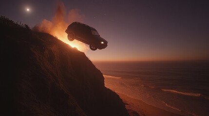SUV launching off a cliff at sunset, ocean below.
