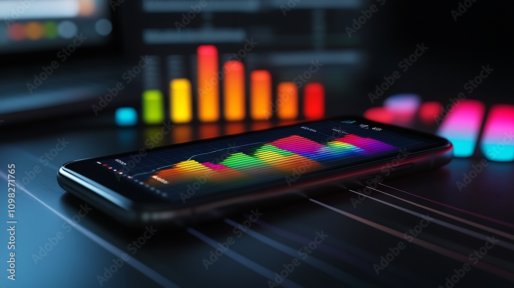 Poster a smartphone displaying colorful data visualizations on a dark background.