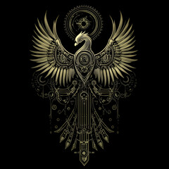 Fototapeta premium Mechanical phoenix rising from the ashes in steampunk style digital artwork fantasy realm inspirational concept art