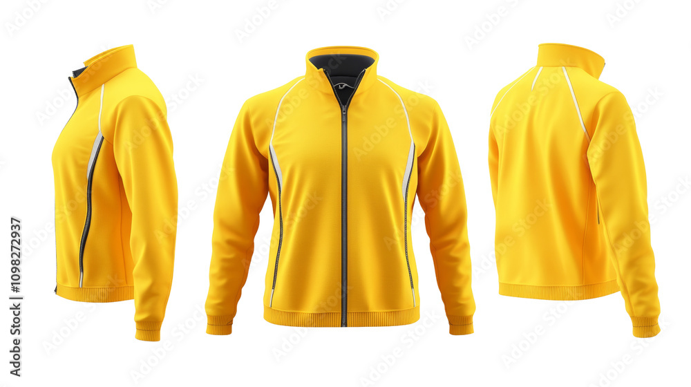 Fototapete a vibrant yellow jacket displayed from multiple angles, showcasing its design and features.