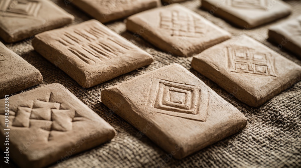Fototapete hand-pressed clay tablets with engraved data symbols, aligned in a network pattern on a burlap backg