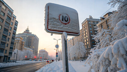 snow-covered speed limit sign in frosty urban winter road