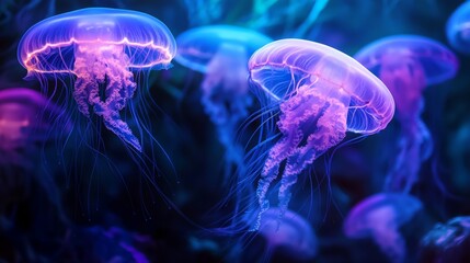 A mesmerizing underwater scene featuring glowing jellyfish illuminated in vibrant shades of blue and purple, drifting gracefully through the water.