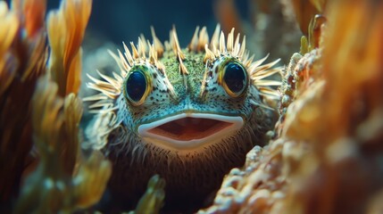 A close-up of a spiny fish smiling amidst underwater vegetation.