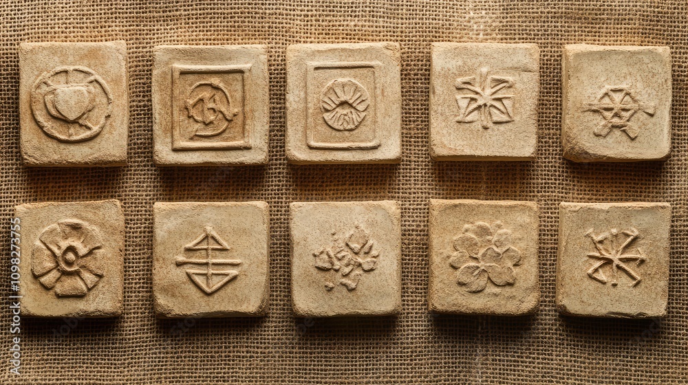 Fototapete Hand-pressed clay tablets with engraved data symbols, aligned in a network pattern on a burlap background