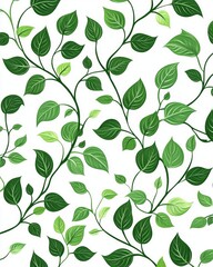 Obraz premium A vibrant pattern showcasing various green leaves entwined with delicate vines on a clean white background, symbolizing nature's freshness.