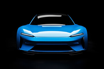 front view of a glossy blue futuristic sportscar isolated on a black background