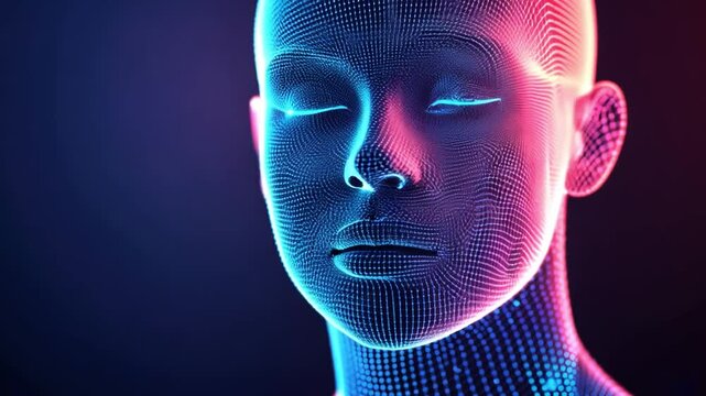 Digital Serenity: A mesmerizing portrait of a serene female face, rendered in a futuristic, wireframe style with vibrant pink and blue hues.