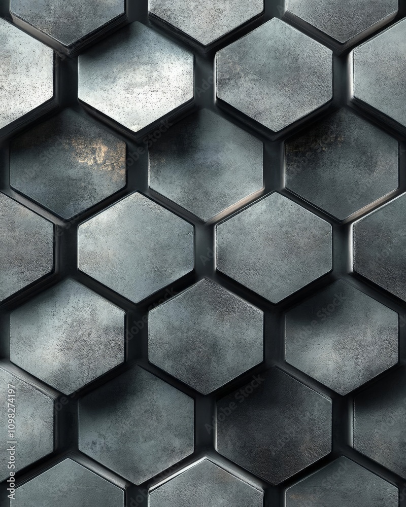 Poster a close-up view of metallic hexagonal tiles, showcasing a modern and industrial design. the texture 