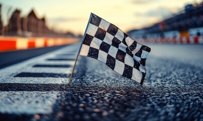 A close-up shot of a checkered flag waving at the finish line of a race , competition, speed, victory, winning