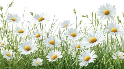 Fototapeta premium Bright and Cheerful Field of White Daisies Surrounded by Lush Green Grass on a Clear White Background, Perfect for Spring and Summer Themes in Nature Photography