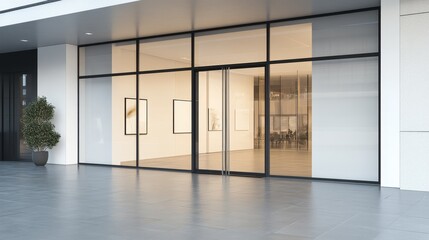 Obraz premium A modern glass-fronted gallery showcasing artwork in a bright, inviting space.
