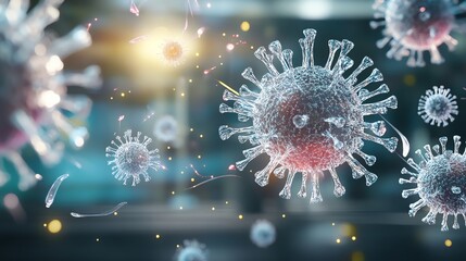 Obraz premium Microscopic view of a virus with intricate structures highlighted by glowing light, symbolizing the complexity and impact of viral diseases in a scientific context.