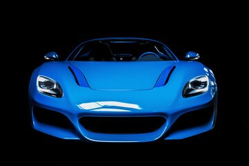 Fototapeta premium front view of a glossy blue futuristic sportscar isolated on a black background