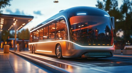 Fototapeta premium A futuristic bus design at a transit station, showcasing modern technology and urban transport.