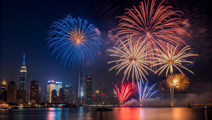 colorful fireworks over urban skyline at night