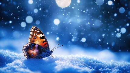Obraz premium A painted lady butterfly rests on snow at night, illuminated by a soft light.