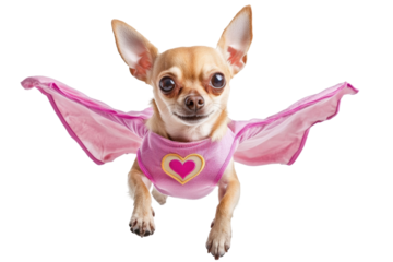 A cute Chihuahua in a superhero costume, displaying its charming personality, white isolate background.