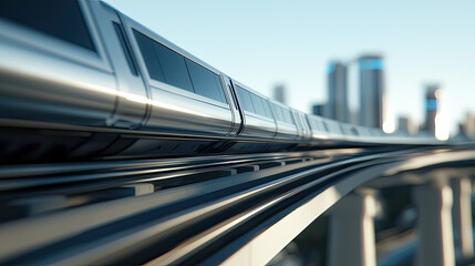 Sleek monorail gliding through modern cityscape, showcasing urban design