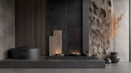 An Exquisite and Contemporary Moodboard for a Steam Room Showcasing Elegant Natural Textures and Sophisticated Color Palette for Luxurious Interior Design