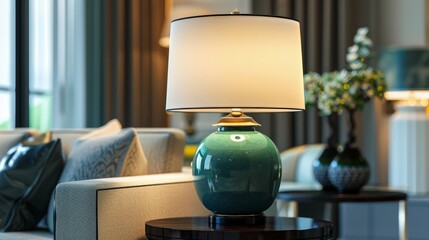 Sophisticated high end lamp with black wood base, jade ceramic body, and white lampshade