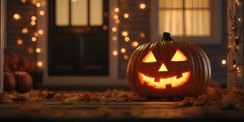 Obraz premium Glowing Jack-O'-Lantern on a Front Porch During Halloween, Halloween Pumpkin with Lit Face in Festive Outdoor Setting