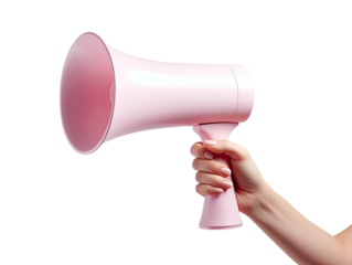 A pink megaphone held in a hand, ideal for announcements and promotions, isolated on a white background.