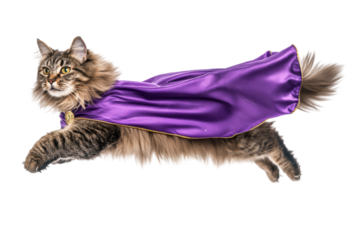 A majestic cat in mid-leap, wearing a vibrant purple cape against a white isolated background.