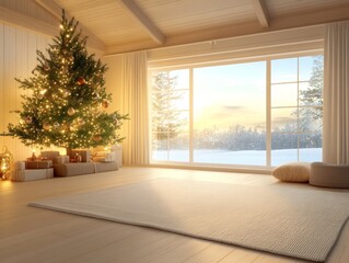 Fototapeta premium Cozy Christmas Cabin Interior with Decorated Tree and Snowy View