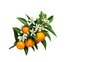Neroli branch. Citrus aurantium with branch of flowers and fruit, isolated on transparent white background.