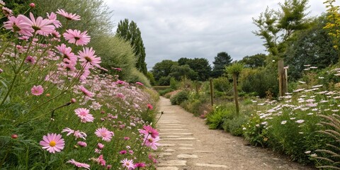 Obraz premium A garden path lined with pink daisies and wildflowers leads to a serene and peaceful atmosphere., peaceful, serenity, pink blooms, outdoor