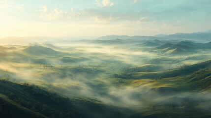 Obraz premium Soft Focus Misty Valley Landscape with Rolling Hills Under Gentle Morning Light