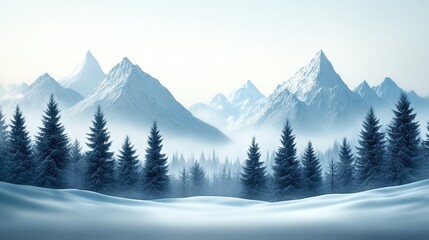 Fototapeta premium Serene Alpine Scene with Soft Focus on Snow-Covered Peaks and Evergreen Trees Captured in Winter's Embrace