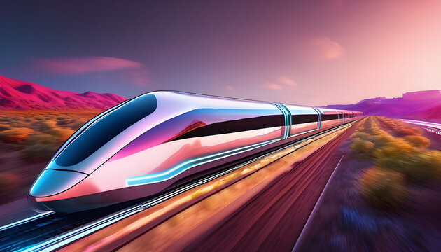 A high-speed hyperloop train cutting through a scenic futuristic landscape.