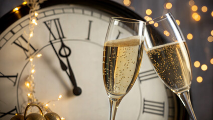 champagne glasses and clock for new year celebration