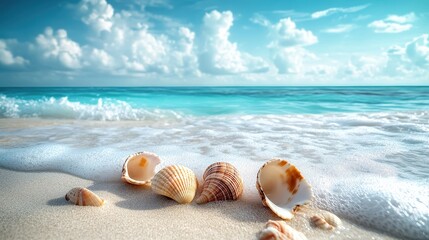 Vibrant Tropical Beach Scene with Blurred Waves and Seashells on Soft Sand Under a Clear Blue Sky, Perfect for Travel and Nature Themes