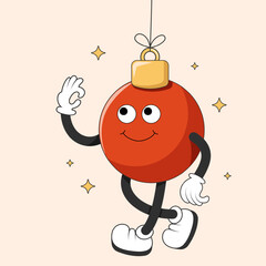 Obraz premium New Year ball retroChristmas groovy mascot characters. New Year's ball. Vector illustration.