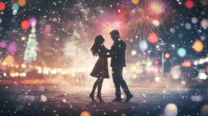 Naklejka premium Romantic Couple Silhouetted Against Fireworks And Snow