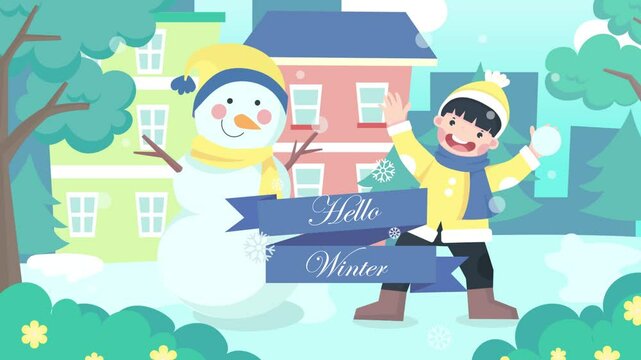 Animation Boys playing building a snowman in winter. Stock of children's vector illustrations. A flat character animated illustration of snow play.