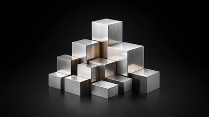A collection of shiny metal cubes arranged artistically on a dark background, showcasing geometric shapes and reflections.