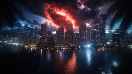 Fototapeta premium Fiery Cityscape: Apocalyptic Storm over Miami Skyline 