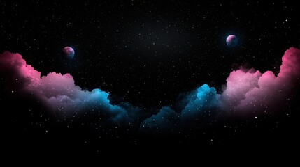 Fototapeta premium A vibrant cosmic scene featuring colorful clouds, two planets, and a starry background, evoking the vastness of space.
